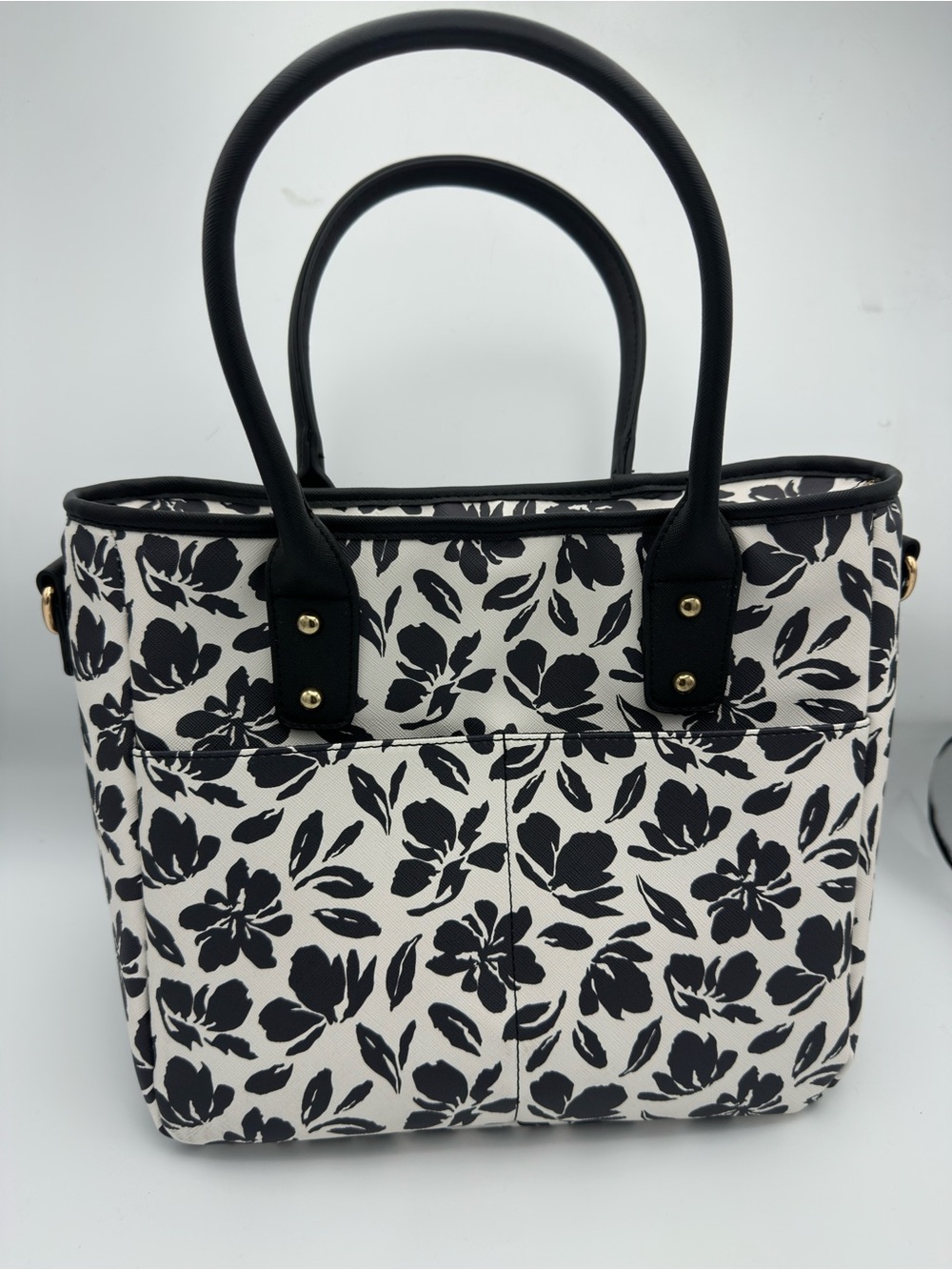 Black & White Floral Tote Bag with Double Handles